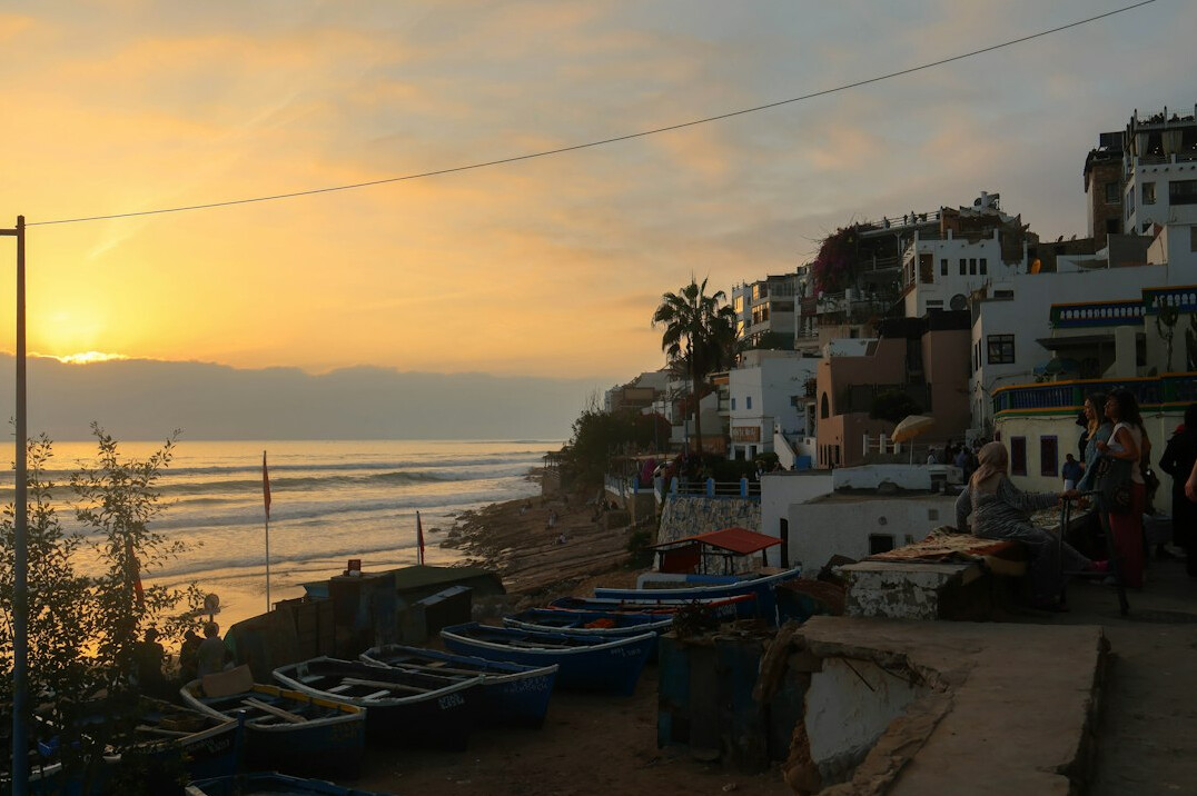 sunset over fishing village