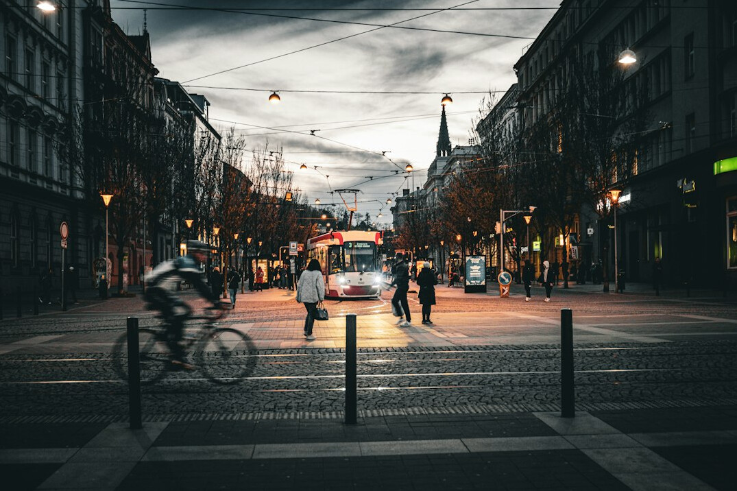 cobblestone street at dusk